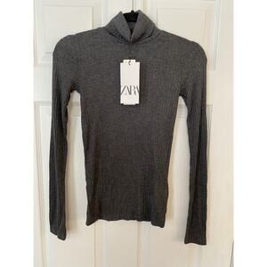Zara Gray Ribbed Turtleneck Blouse